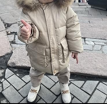 обувь на годик: Детская зимняя куртка с капюшоном и опушкой - Цвет: бежевый — 3