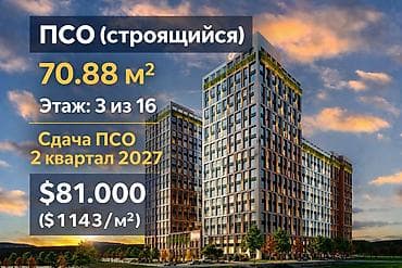 2 комнаты, 70 м², Элитка, 3 этаж, Готовая ПСО (под самоотделку)