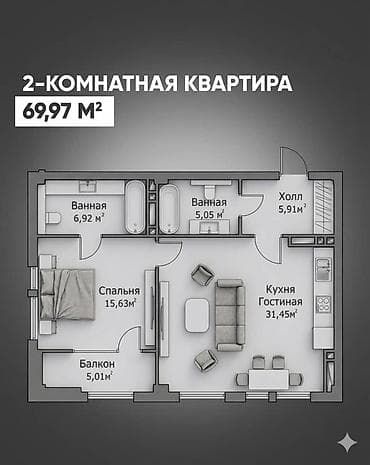 цены на недвижимость в бишкеке 2023: Строится, 2 комнаты, 69 м² — 3