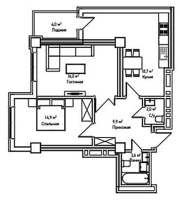 seven: 2 комнаты, 69 м², Технопарк Элитка, 12 этаж, ПСО (под самоотделку) — 1