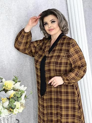 Платье миди в клетку для женщин plus size - Свободный А‑силуэт, длина — 3
