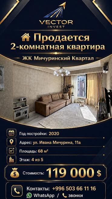 бир: 2 бөлмө, 68 м², Элитка, 4 кабат, Косметикалык ремонт — 1