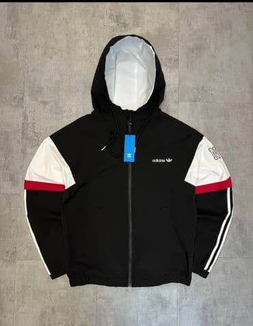 национальная платья на прокат: Легкая черная куртка Adidas с капюшоном и белой подкладкой, подходящая — 2