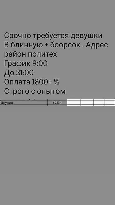 Вакансия: продавец/повар в блинную и точку с боорсоками (район