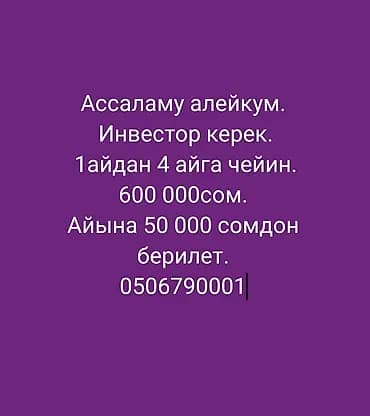 Услуга: требуется инвестор. - Сумма инвестиций: 600 000 сом. - Срок