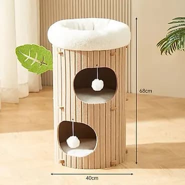 Домик-лежанка для кошек с двумя ярусами и верхней круглой лежанкой. -