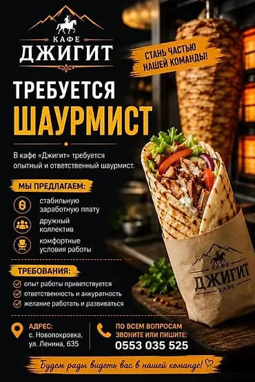 Вакансия: шаурмист Кафе «Джигит» приглашает в команду опытного и