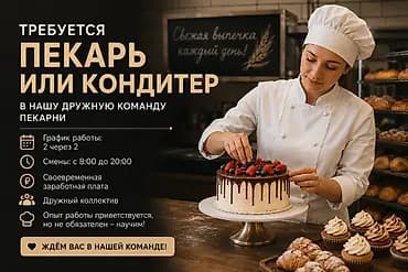 Требуется Кондитер, Оплата: Ежедневно, Без опыта