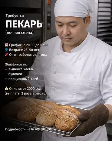 Талап кылынат Нан бышыруучу, Төлөм: Бир айда эки жолу, Тажрыйбасы бир жылдан аз