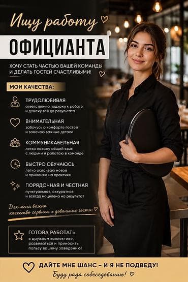Официант. До 1 года опыта at lalafo.kg Официант. До 1 года опыта