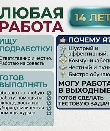 Подработка от 14-летнего исполнителя Ищу любую работу. Ответственно и at lalafo.kg Подработка от 14-летнего исполнителя Ищу любую работу. Ответственно и