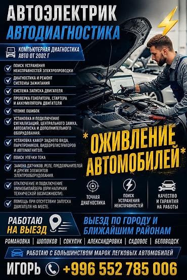 Услуги автоэлектрика, Диагностика и замена аккумулятора, Специализация: Легковое авто, Грузовой транспорт и спецтехника, Круглосуточно at lalafo.kg Услуги автоэлектрика, Диагностика и замена аккумулятора, Специализация: Легковое авто, Грузовой транспорт и спецтехника, Круглосуточно