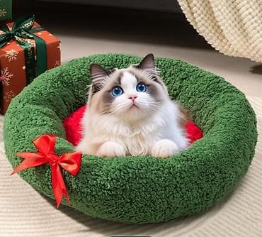 Плюшевая круглая лежанка для кошек в праздничном оформлении. - Форма at lalafo.kg Плюшевая круглая лежанка для кошек в праздничном оформлении. - Форма