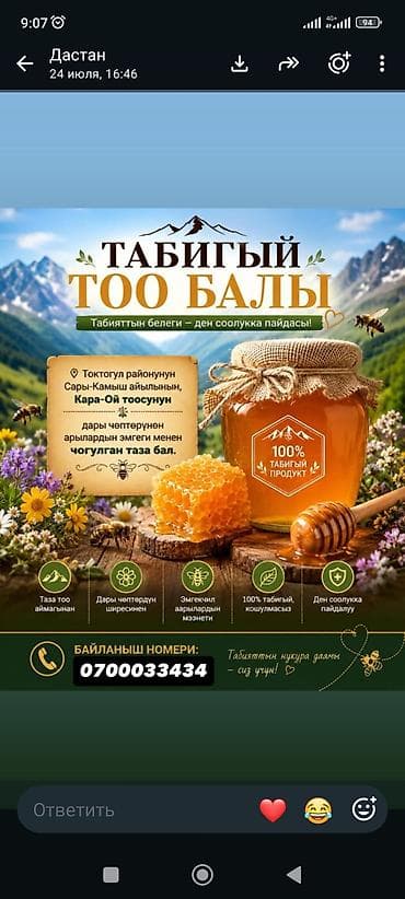 Натуральный горный мёд из Токтогульского района (с. Сары-Камыш at lalafo.kg Натуральный горный мёд из Токтогульского района (с. Сары-Камыш