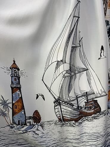 Ткань с принтом «Морская тема»: парусник, маяк, чайки. - Основа lalafo.kg да Ткань с принтом «Морская тема»: парусник, маяк, чайки. - Основа