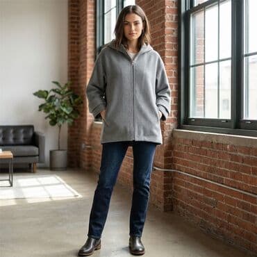 Стильное демисезонное полупальто из шерстяного драпа серебристого at lalafo.kg Стильное демисезонное полупальто из шерстяного драпа серебристого