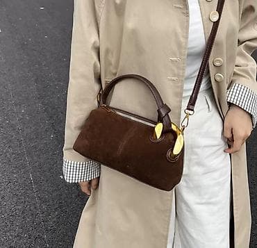 Женская сумка из коричневой кожи/нубука с золотистой фурнитурой - at lalafo.kg Женская сумка из коричневой кожи/нубука с золотистой фурнитурой -