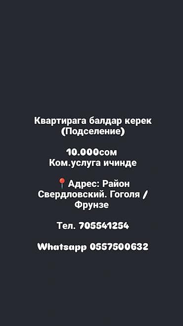 Подселение в квартиру. - Стоимость: 10 000 сом (коммунальные услуги at lalafo.kg Подселение в квартиру. - Стоимость: 10 000 сом (коммунальные услуги