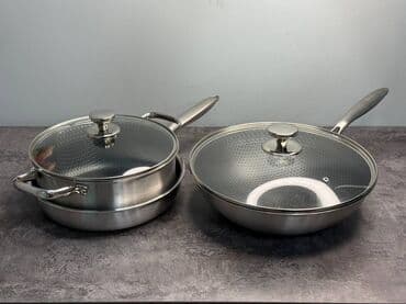 Набор Тройка от KATA Сковородки и кастрюля с сотовым покрытием из at lalafo.kg Набор Тройка от KATA Сковородки и кастрюля с сотовым покрытием из