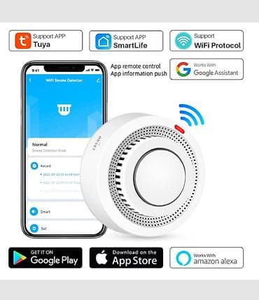 Умный датчик дыма Wi‑Fi Tuya - Тип: фотоэлектрический детектор дыма с at lalafo.kg Умный датчик дыма Wi‑Fi Tuya - Тип: фотоэлектрический детектор дыма с