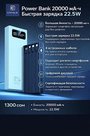 Power Bank CAFELE 20000 мА·ч с быстрой зарядкой 22.5W - Емкость 20000 at lalafo.kg Power Bank CAFELE 20000 мА·ч с быстрой зарядкой 22.5W - Емкость 20000