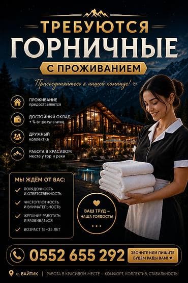 Вакансия: горничная Местоположение: с. Байтик Требуется две молодые at lalafo.kg Вакансия: горничная Местоположение: с. Байтик Требуется две молодые