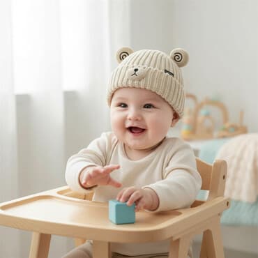 Детская вязаная шапка с ушками медвежонка - Цвет: молочный/кремовый - at lalafo.kg Детская вязаная шапка с ушками медвежонка - Цвет: молочный/кремовый -