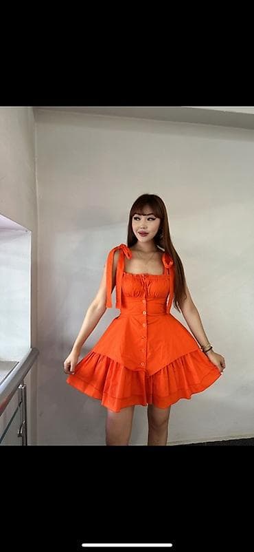 Платье женское, ярко-оранжевое, мини. - Силуэт: приталенный верх с at lalafo.kg Платье женское, ярко-оранжевое, мини. - Силуэт: приталенный верх с