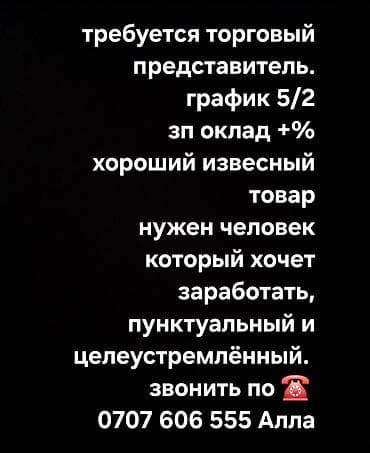 Вакансия: торговый представитель - График: 5/2 - Оплата: оклад + at lalafo.kg Вакансия: торговый представитель - График: 5/2 - Оплата: оклад +