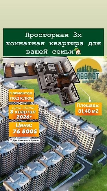 3 комнаты, 81 м², Индивидуалка, 8 этаж, Готовая ПСО (под самоотделку) at lalafo.kg — 2 3 комнаты, 81 м², Индивидуалка, 8 этаж, Готовая ПСО (под самоотделку) — 2