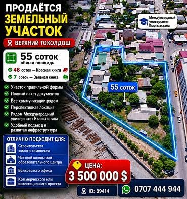 55 соток, Для строительства, Красная книга, Тех паспорт at lalafo.kg 55 соток, Для строительства, Красная книга, Тех паспорт